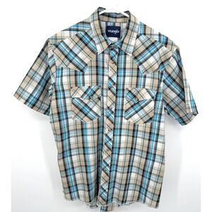 Wrangler Shirt Pearl Snap Western Cowboy Blue Brown Plaid Mens Large